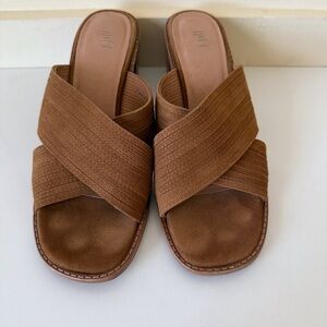 J.JILL Slide Block Heel Womens Sandals Sz 9.5 brown Wide X Strap Minimalist